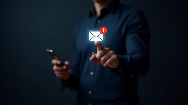An image showing a finger on an envelope representing the clicking of an email
