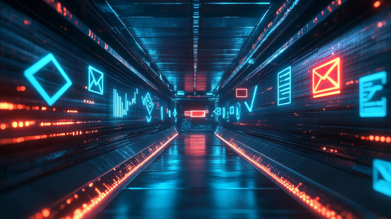 Graphic showing email processing engine guiding messages through a tunnel with graphs on walls